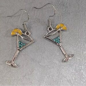 Silver Martini Glass Earrings with Yellow and Blue Rhinestone Accents